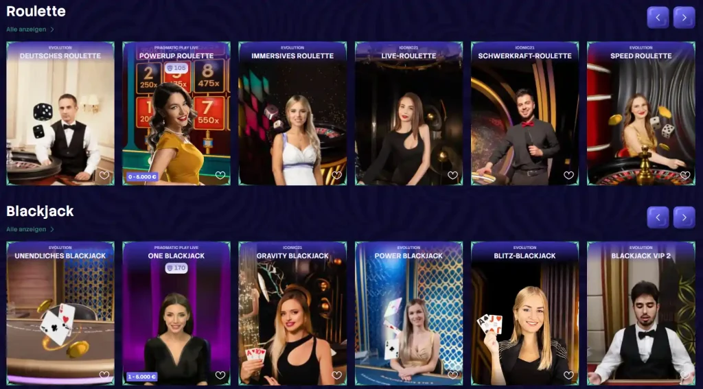 Spinogrino Casino Live Casino Lobby mit Roulette und Blackjack Spielen