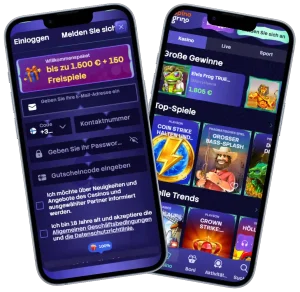 Spinogrino Casino mobile Ansicht mit Registrierung und Spiele Lobby auf Smartphones