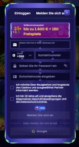 Spinogrino Casino Registrierungsformular mit Willkommenspaket und Google Anmeldung