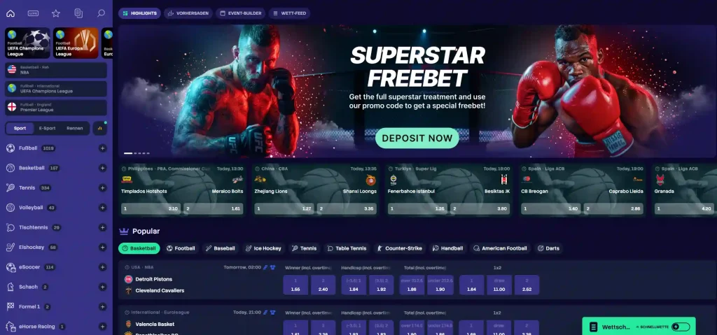 Spinogrino Casino Sportwetten Lobby mit Freebet Banner und Wettmärkten