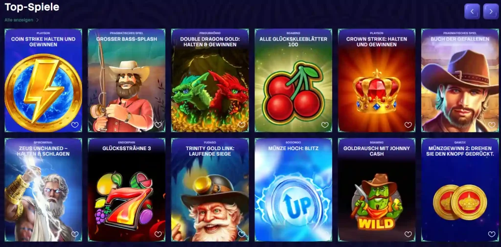 Spinogrino Casino Top Spiele Lobby mit verschiedenen Slot Titeln