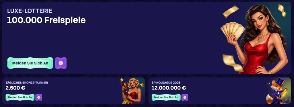 Spinogrino Casino Turnierseite mit Luxe Lotterie, Freispielen und Spinoleague 2026